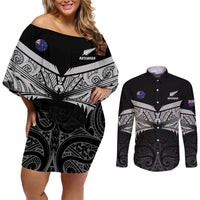 Custom New Zealand Cricket Couples Matching Off Shoulder Short Dress and Long Sleeve Button Shirt Go Champions World Cup 2024 With Maori Pattern LT05 Black - Polynesian Pride