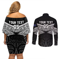 Custom New Zealand Cricket Couples Matching Off Shoulder Short Dress and Long Sleeve Button Shirt Go Champions World Cup 2024 With Maori Pattern LT05 - Polynesian Pride