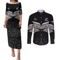 Custom New Zealand Cricket Couples Matching Puletasi and Long Sleeve Button Shirt Go Champions World Cup 2024 With Maori Pattern LT05 Black - Polynesian Pride