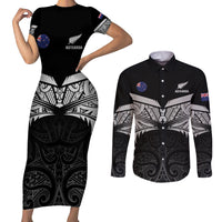 Custom New Zealand Cricket Couples Matching Short Sleeve Bodycon Dress and Long Sleeve Button Shirt Go Champions World Cup 2024 With Maori Pattern LT05 Black - Polynesian Pride