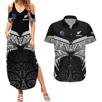 Custom New Zealand Cricket Couples Matching Summer Maxi Dress and Hawaiian Shirt Go Champions World Cup 2024 With Maori Pattern LT05 Black - Polynesian Pride