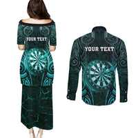 Personalised New Zealand Darts Couples Matching Puletasi and Long Sleeve Button Shirt Turquoise Dart Board Maori Pattern LT05 - Polynesian Pride
