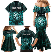 Personalised New Zealand Darts Family Matching Mermaid Dress and Hawaiian Shirt Turquoise Dart Board Maori Pattern