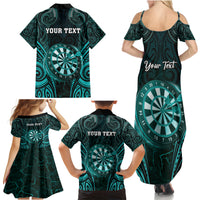 Personalised New Zealand Darts Family Matching Summer Maxi Dress and Hawaiian Shirt Turquoise Dart Board Maori Pattern