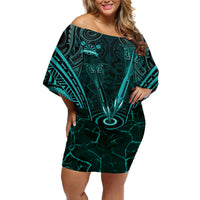 Personalised New Zealand Darts Off Shoulder Short Dress Turquoise Dart Board Maori Pattern