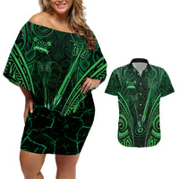 Personalised New Zealand Darts Couples Matching Off Shoulder Short Dress and Hawaiian Shirt Green Dart Board Maori Pattern LT05 Green - Polynesian Pride