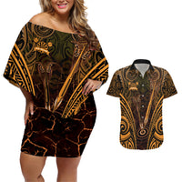 Personalised New Zealand Darts Couples Matching Off Shoulder Short Dress and Hawaiian Shirt Gold Dart Board Maori Pattern LT05 Gold - Polynesian Pride