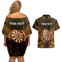 Personalised New Zealand Darts Couples Matching Off Shoulder Short Dress and Hawaiian Shirt Gold Dart Board Maori Pattern LT05 - Polynesian Pride