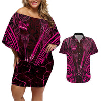 Personalised New Zealand Darts Couples Matching Off Shoulder Short Dress and Hawaiian Shirt Pink Dart Board Maori Pattern LT05 Pink - Polynesian Pride