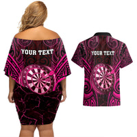 Personalised New Zealand Darts Couples Matching Off Shoulder Short Dress and Hawaiian Shirt Pink Dart Board Maori Pattern LT05 - Polynesian Pride
