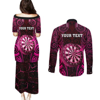 Personalised New Zealand Darts Couples Matching Puletasi and Long Sleeve Button Shirt Pink Dart Board Maori Pattern LT05 - Polynesian Pride
