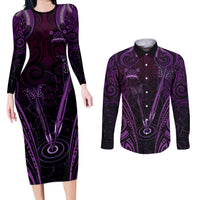 Personalised New Zealand Darts Couples Matching Long Sleeve Bodycon Dress and Long Sleeve Button Shirt Purple Dart Board Maori Pattern