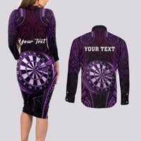 Personalised New Zealand Darts Couples Matching Long Sleeve Bodycon Dress and Long Sleeve Button Shirt Purple Dart Board Maori Pattern