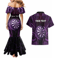 Personalised New Zealand Darts Couples Matching Mermaid Dress and Hawaiian Shirt Purple Dart Board Maori Pattern LT05 - Polynesian Pride