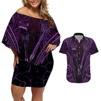 Personalised New Zealand Darts Couples Matching Off Shoulder Short Dress and Hawaiian Shirt Purple Dart Board Maori Pattern LT05 Purple - Polynesian Pride