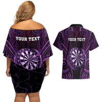 Personalised New Zealand Darts Couples Matching Off Shoulder Short Dress and Hawaiian Shirt Purple Dart Board Maori Pattern LT05 - Polynesian Pride