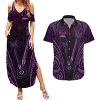 Personalised New Zealand Darts Couples Matching Summer Maxi Dress and Hawaiian Shirt Purple Dart Board Maori Pattern LT05 Purple - Polynesian Pride
