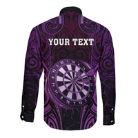 Personalised New Zealand Darts Long Sleeve Button Shirt Purple Dart Board Maori Pattern
