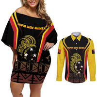 Custom Papua New Guinea Cricket Couples Matching Off Shoulder Short Dress and Long Sleeve Button Shirt 2024 World Cup LT05 Black - Polynesian Pride