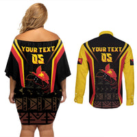 Custom Papua New Guinea Cricket Couples Matching Off Shoulder Short Dress and Long Sleeve Button Shirt 2024 World Cup