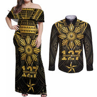 Personalised Philippines Independence Day Couples Matching Off Shoulder Maxi Dress and Long Sleeve Button Shirt Filipinos Sun Star Tribal