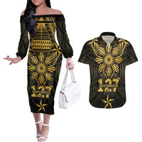 Personalised Philippines Independence Day Couples Matching Off The Shoulder Long Sleeve Dress and Hawaiian Shirt Filipinos Sun Star Tribal