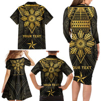 Personalised Philippines Independence Day Family Matching Long Sleeve Bodycon Dress and Hawaiian Shirt Filipinos Sun Star Tribal