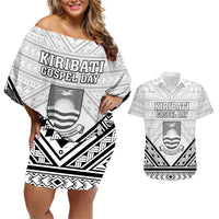 Personalised Kiribati Gospel Day Couples Matching Off Shoulder Short Dress and Hawaiian Shirt Coat Of Arms Polynesian Pattern LT05 White - Polynesian Pride