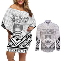 Personalised Kiribati Gospel Day Couples Matching Off Shoulder Short Dress and Long Sleeve Button Shirt Coat Of Arms Polynesian Pattern LT05 White - Polynesian Pride