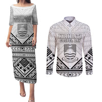 Personalised Kiribati Gospel Day Couples Matching Puletasi and Long Sleeve Button Shirt Coat Of Arms Polynesian Pattern LT05 White - Polynesian Pride