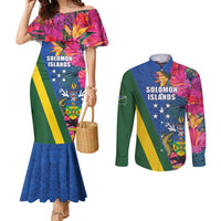 Solomon Islands Independence Day Couples Matching Mermaid Dress and Long Sleeve Button Shirt Coat Of Arms With Tropical Flowers