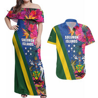 Solomon Islands Independence Day Couples Matching Off Shoulder Maxi Dress and Hawaiian Shirt Coat Of Arms With Tropical Flowers LT05 Blue - Polynesian Pride