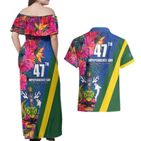 Solomon Islands Independence Day Couples Matching Off Shoulder Maxi Dress and Hawaiian Shirt Coat Of Arms With Tropical Flowers LT05 - Polynesian Pride