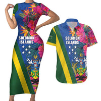 Solomon Islands Independence Day Couples Matching Short Sleeve Bodycon Dress and Hawaiian Shirt Coat Of Arms With Tropical Flowers LT05 Blue - Polynesian Pride