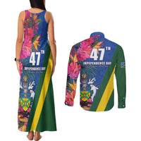 Solomon Islands Independence Day Couples Matching Tank Maxi Dress and Long Sleeve Button Shirt Coat Of Arms With Tropical Flowers