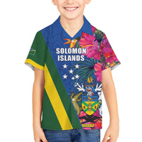 Solomon Islands Independence Day Family Matching Off The Shoulder Long Sleeve Dress and Hawaiian Shirt Coat Of Arms With Tropical Flowers
