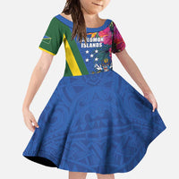 Solomon Islands Independence Day Family Matching Summer Maxi Dress and Hawaiian Shirt Coat Of Arms With Tropical Flowers