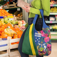 Solomon Islands Independence Day Grocery Bag Coat Of Arms With Tropical Flowers
