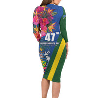 Solomon Islands Independence Day Long Sleeve Bodycon Dress Coat Of Arms With Tropical Flowers