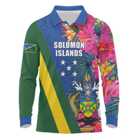 Solomon Islands Independence Day Long Sleeve Polo Shirt Coat Of Arms With Tropical Flowers
