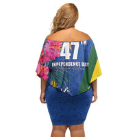Solomon Islands Independence Day Off Shoulder Short Dress Coat Of Arms With Tropical Flowers