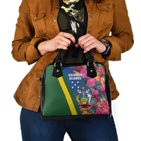 Solomon Islands Independence Day Shoulder Handbag Coat Of Arms With Tropical Flowers