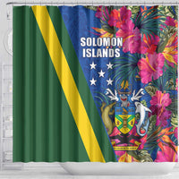 Solomon Islands Independence Day Shower Curtain Coat Of Arms With Tropical Flowers