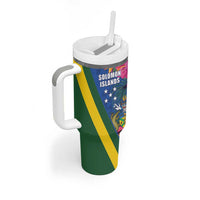 Solomon Islands Independence Day Tumbler With Handle Coat Of Arms With Tropical Flowers