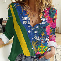 Solomon Islands Independence Day Women Casual Shirt Coat Of Arms With Tropical Flowers
