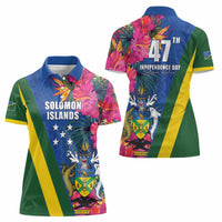 Solomon Islands Independence Day Women Polo Shirt Coat Of Arms With Tropical Flowers