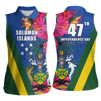 Solomon Islands Independence Day Women Sleeveless Polo Shirt Coat Of Arms With Tropical Flowers