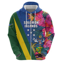 Solomon Islands Independence Day Zip Hoodie Coat Of Arms With Tropical Flowers