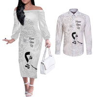 Lung Cancer Awareness Couples Matching Off The Shoulder Long Sleeve Dress and Long Sleeve Button Shirt Never Give Up Polynesian Style LT05 White - Polynesian Pride