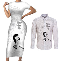 Lung Cancer Awareness Couples Matching Short Sleeve Bodycon Dress and Long Sleeve Button Shirt Never Give Up Polynesian Style LT05 White - Polynesian Pride